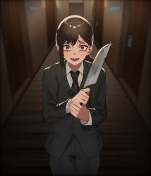 Rule 34 | 1girl, black hair, black necktie, black pants, business suit, chainsaw man, formal, hair ornament, hairclip, higashiyama kobeni, highres, holding, holding knife, knife, long sleeves, looking at viewer, mole, mole under eye, necktie, open mouth, pants, ponytail, riu lico, scared, solo, standing, suit, teeth, wide-eyed