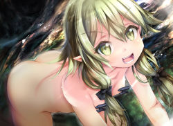 Rule 34 | 1girl, all fours, ass, bent over, black bow, bow, breasts, censored, censored nipples, completely nude, elf, gc3, goblin slayer!, green eyes, green hair, hair bow, hanging breasts, high elf archer (goblin slayer!), matching hair/eyes, novelty censor, nude, open mouth, outdoors, pointless censoring, pointy ears, sidelocks, small breasts, smile, solo