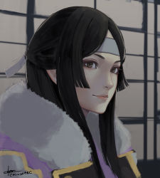 Rule 34 | 1girl, artist name, black eyes, black hair, closed mouth, cm lynarc, commentary, english commentary, fire emblem, fire emblem awakening, fur collar, headband, highres, japanese clothes, kimono, lips, long hair, looking at viewer, looking back, nintendo, parted bangs, pink lips, purple kimono, say&#039;ri (fire emblem), signature, smile, solo, straight hair, upper body, white headband