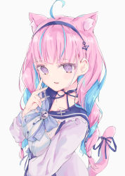 Rule 34 | 1girl, ahoge, anchor symbol, animal ear fluff, animal ears, blue bow, blue hair, blue ribbon, blue sailor collar, blue skirt, blush, bow, braid, breasts, cat ears, cat girl, cat tail, commentary request, frilled sailor collar, frills, grey background, hand up, high-waist skirt, highres, hololive, jacket, long hair, long sleeves, medium breasts, minato aqua, minato aqua (sailor), multicolored hair, open clothes, open jacket, parted lips, pink hair, purple eyes, ribbon, sailor collar, shin murasame, shirt, simple background, skirt, smile, solo, tail, tail ornament, tail raised, tail ribbon, twin braids, twintails, two-tone hair, very long hair, virtual youtuber, white jacket, white shirt