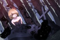 Rule 34 | 1girl, alternate costume, arms behind back, bad id, bad pixiv id, bare arms, bare shoulders, black dress, blonde hair, blurry, cacao devil, collarbone, cross, darkness, depth of field, dress, dutch angle, fangs, forest, hair over one eye, hair ribbon, layered dress, looking at viewer, nature, open mouth, outdoors, red eyes, ribbon, rumia, short hair, sleeveless, sleeveless dress, solo, strapless, strapless dress, touhou