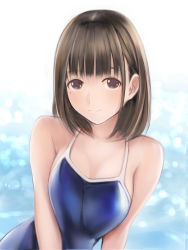 Rule 34 | 1girl, anegasaki nene, blue one-piece swimsuit, brown eyes, brown hair, collarbone, competition school swimsuit, long hair, looking at viewer, love plus, mole, mole under eye, nannacy7, one-piece swimsuit, school swimsuit, solo, swimsuit, upper body, white background
