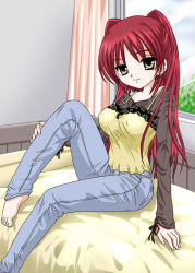 Rule 34 | 00s, barefoot, bed, brown eyes, camisole, casual, kousaka tamaki, long hair, red hair, shirt under shirt, solo, to heart (series), to heart 2