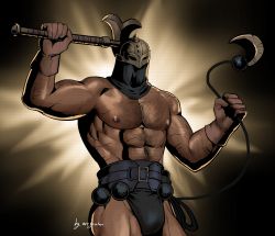 Rule 34 | 1boy, abs, areyouhun (sleeplazycat), axe, bara, belt, biceps, bounty hunter (darkest dungeon), bulge, chest hair, cowboy shot, dark-skinned male, dark skin, darkest dungeon, fake horns, gladiator, helmet, highres, holding, holding axe, horned helmet, horns, large pectorals, mace, male focus, muscular, muscular male, nipples, pectorals, revealing clothes, solo, stomach, thick thighs, thighs, topless male, weapon