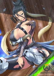 Rule 34 | 1girl, absurdres, armor, armored boots, arrow (projectile), asymmetrical clothes, bare shoulders, belt pouch, black hair, black thighhighs, blush, boots, breast hold, breasts, choker, cleavage, collarbone, covered erect nipples, dragon, dragon print, dragon tattoo, earrings, genderswap, genderswap (mtf), hair between eyes, hanzo (overwatch), high ponytail, highres, huge breasts, japanese clothes, jewelry, katana, kimono, large breasts, one eye closed, open mouth, overwatch, overwatch 1, pocket, ponytail, pouch, quiver, red eyes, red hair, shiny skin, short hair, short ponytail, sitting, solo, spiked hair, sword, tattoo, thighhighs, torahime (roland00), torn clothes, torn thighhighs, weapon