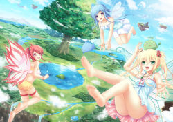Rule 34 | 3girls, :d, animal, animal on head, bad id, bad pixiv id, bare shoulders, barefoot, blonde hair, blue hair, cloud, day, dress, fairy, fairy wings, feet, fish, floating island, flower, flying, flying fish, frills, green eyes, hair flower, hair ornament, jewelry, lake, legs, long hair, multiple girls, nail polish, necklace, on head, open mouth, original, outstretched arms, purple eyes, red eyes, red hair, side ponytail, smile, soles, sparkle, sundress, thigh strap, tiphereth, toenail polish, toenails, tree, twintails, wings