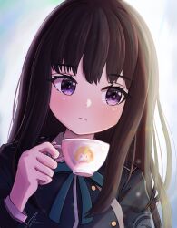 Rule 34 | 1girl, black hair, blue dress, copyright name, cup, dress, highres, holding, holding cup, inoue takina, long hair, looking to the side, lycoris recoil, lycoris uniform, nishikigi chisato, print cup, purple eyes, tim 1127, white background