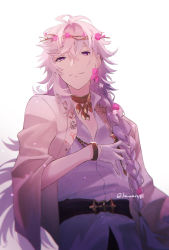 Rule 34 | 1boy, absurdres, ahoge, bad id, bad pixiv id, belt, braid, choker, closed mouth, commentary, cowboy shot, earrings, fate/grand order, fate (series), flower, fomnant, gloves, gold choker, hair between eyes, hair flower, hair ornament, head wreath, highres, jacket, jewelry, light particles, long hair, looking at viewer, male focus, merlin (fate), merlin (overnight dream) (fate), official alternate costume, pink flower, purple eyes, shirt, side braid, single earring, sleeves past elbows, smile, solo, twitter username, white background, white flower, white gloves, white hair, white jacket, white shirt, wristband