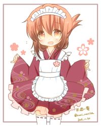 Rule 34 | 10s, 1girl, alternate costume, apron, brown eyes, brown hair, cherry blossoms, dated, flying sweatdrops, inazuma (kancolle), kantai collection, looking at viewer, maid, maid apron, maid headdress, narita rumi, open mouth, ribbon-trimmed legwear, ribbon trim, signature, smile, solo, thighhighs, twitter username, wa maid