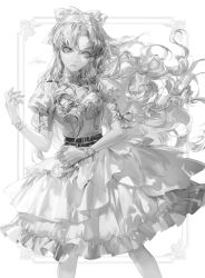 Rule 34 | 1girl, belt, bow, dress, earrings, expressionless, feet out of frame, floating hair, gloves, greyscale, hair bow, highres, jewelry, legs apart, long hair, looking at viewer, monochrome, original, short sleeves, signature, simple background, solo, very long hair, vlfdus 0