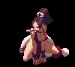 Rule 34 | animated, animated gif, bare legs, bouncing breasts, breasts, brown hair, cleavage, hand fan, high ponytail, japanese clothes, king of fighters xiii, large breasts, long hair, lowres, ninja, no bra, pelvic curtain, pixel art, ponytail, revealing clothes, shiranui mai, sideboob, tabi, the king of fighters, the king of fighters xiii