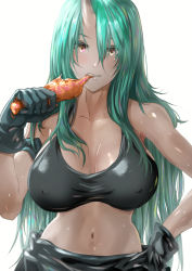 Rule 34 | 1girl, arknights, arm ribbon, arm scarf, bare shoulders, biting, breasts, cleavage, clothes around waist, dragon horns, eating, food, gloves, green hair, hair between eyes, hand on own hip, horns, hoshiguma (arknights), jacket, jacket around waist, large breasts, long hair, looking at viewer, midriff, navel, ribbon, shirt, shirt around waist, sidelocks, single horn, skin-covered horns, standing, tank top, uenoryoma