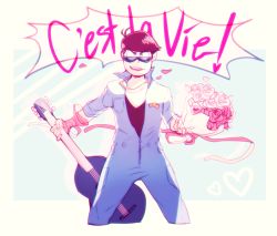 Rule 34 | 10s, 1boy, bandages, black hair, blue eyes, bouquet, flower, french text, guitar, heart, instrument, jumpsuit, looking at viewer, male focus, matsuno karamatsu, nyaph, osomatsu-kun, osomatsu-san, osomatsu (series), outside border, short hair, sleeves rolled up, smile, solo, sunglasses