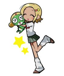 &gt;_&lt; 1boy 1girl angol_mois blonde_hair blush_stickers closed_eyes dark-skinned_female dark_skin frog full_body hair_ornament hug jjjjtaaaku keroro keroro_gunsou loose_socks neck_ribbon open_mouth pleated_skirt ribbon school_uniform short_hair short_sleeves skirt smile socks standing standing_on_one_leg star_(symbol) star_hair_ornament