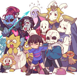 Rule 34 | = =, alphys, angry, asgore dreemurr, boots, brown footwear, crying, everyone, eyepatch, flowey (undertale), frisk (undertale), holding, holding stick, long sleeves, looking at another, mettaton, mettaton ex, monster boy, monster girl, monster kid (undertale), muffet, napstablook, open mouth, papyrus (undertale), pointing, purple shirt, purple shorts, robot, sans (undertale), shirt, short hair, shorts, simple background, standing, stick, striped clothes, striped shirt, sweat, sweatdrop, tenya mizuki, toriel, undertale, undyne, white background