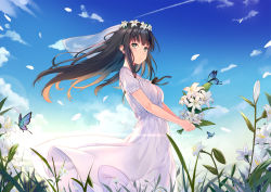 Rule 34 | 1girl, bare arms, blue sky, blush, breasts, brown hair, bug, butterfly, cloud, commentary, day, dress, floating hair, flower, flowers (innocent grey), green eyes, head wreath, highres, holding, holding flower, insect, ldfe mk2, lily (flower), long hair, looking at viewer, medium breasts, outdoors, parted lips, plant, shirahane suou, short sleeves, sidelocks, sky, solo, white dress, white flower, wide shot, wind