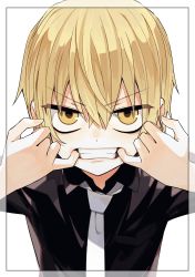 Rule 34 | 1girl, absurdres, black shirt, blonde hair, collared shirt, cover image, framed, glaring, hair between eyes, highres, looking at viewer, mouth pull, necktie, ningiyau, official art, schoolzone, shirt, short hair, simple background, solo, sugiura kei, upper body, white background, white necktie, yellow eyes