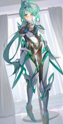 absurdres armored_bodysuit breasts earrings gem green_eyes green_hair headpiece highres jewelry large_breasts long_hair neon_trim pneuma_(xenoblade) ponytail swept_bangs syafa tiara very_long_hair xenoblade_chronicles_(series) xenoblade_chronicles_2