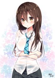 Rule 34 | 1girl, :o, arms under breasts, black skirt, blue necktie, blush, breast hold, breasts, brown eyes, brown hair, buttons, collared shirt, commentary request, cowboy shot, crossed arms, dress shirt, hair between eyes, head tilt, large breasts, long hair, long sleeves, looking at viewer, masuishi kinoto, necktie, no bra, open mouth, original, parted lips, plaid, plaid necktie, plaid neckwear, pleated skirt, school uniform, see-through, shirt, skirt, sleeves past elbows, sleeves pushed up, solo, standing, tareme, upper body, wet, wet clothes, wet shirt, wing collar