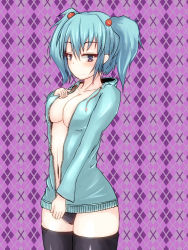 Rule 34 | 1girl, argyle, argyle background, argyle clothes, black thighhighs, blue eyes, blue hair, blush, breasts, hair bobbles, hair ornament, hood, hoodie, jacket, kawashiro nitori, matching hair/eyes, nekonayasai, no bra, no pants, open clothes, open jacket, panties, short hair, short twintails, solo, thighhighs, touhou, twintails, two side up, underwear