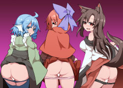 Rule 34 | 3girls, :d, animal ears, ass, back, bare shoulders, black panties, blue eyes, blue hair, blue panties, bow, brown hair, cape, censored, closed eyes, clothes lift, commission, dress, drill hair, fang, fins, grass root youkai network, green kimono, hair bow, head fins, heart, highres, honyaa (honya--1123), imaizumi kagerou, japanese clothes, kimono, lifted by self, long hair, long sleeves, looking at viewer, looking back, multiple girls, off-shoulder dress, off shoulder, open mouth, panties, panty pull, pink panties, pixiv commission, purple bow, pussy, red cape, red eyes, red hair, red shirt, red skirt, sekibanki, shirt, short hair, skin fang, skirt, skirt lift, smile, tail, touhou, twin drills, underwear, wakasagihime, white dress, wolf ears, wolf girl, wolf tail