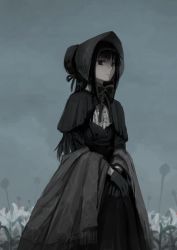 Rule 34 | 1girl, akemi homura, akemi homura (black dress), black bow, black dress, black gloves, black hair, black ribbon, bloodborne, bonnet, bow, capelet, closed mouth, commentary request, cosplay, dress, expressionless, flower, fringe trim, funeral dress, gloves, grey sky, long dress, long hair, looking at viewer, mahou shoujo madoka magica, mahou shoujo madoka magica (anime), outdoors, own hands together, pale skin, plain doll, plain doll (cosplay), purple eyes, ribbon, silverxp, sketch, skirt, sky, solo, standing