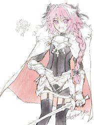 Rule 34 | 1boy, :d, armored skirt, astolfo (fate), black bow, black shirt, black thighhighs, bow, braid, cape, character name, fang, fate/apocrypha, fate/grand order, fate (series), fur-trimmed cape, fur trim, garter straps, hair bow, hair intakes, hand on own hip, heart, highres, holding, holding sword, holding weapon, long braid, male focus, multicolored hair, nacl., open mouth, pink hair, purple eyes, shirt, simple background, single braid, sketch, skin fang, smile, solo, streaked hair, sword, thighhighs, trap, two-sided cape, two-sided fabric, two-tone hair, weapon, white background, white cape, white footwear, white hair, zettai ryouiki