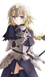Rule 34 | 1girl, ankle boots, armor, armored dress, blonde hair, blue eyes, blush, boots, bow, braid, chain, dress, fate/apocrypha, fate (series), french braid, gauntlets, hair bow, headgear, jeanne d&#039;arc (fate), jeanne d&#039;arc (ruler) (fate), long hair, rain (nadroj31), rapier, simple background, sitting, smile, solo, sword, thighhighs, type-moon, weapon