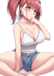 Rule 34 | 1girl, absurdres, atlanta (kancolle), barefoot, blue shorts, blush, breasts, brown hair, cleavage, collarbone, earrings, grey eyes, highres, jewelry, kantai collection, kiritto, large breasts, long hair, shorts, simple background, solo, star (symbol), star earrings, two side up, white background