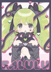 Rule 34 | 1girl, absurdres, bare shoulders, black border, black bow, black dress, black ribbon, border, bow, character name, covered mouth, dress, eyelashes, fake horns, falulu, green hair, heart, highres, holding, holding wand, horns, long hair, long sleeves, looking at viewer, pretty series, pripara, ribbon, solo, twintails, uxu uxa axa, wand