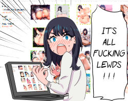 Rule 34 | 10s, 1girl, black hair, blue eyes, blurry, blurry background, blush, cardigan, censored, commentary request, computer, derivative work, emphasis lines, english text, gridman universe, laptop, long hair, looking at viewer, looking back, maximilian-destroyer, meme, mosaic censoring, nose blush, orange scrunchie, profanity, sankaku complex, scrunchie, shouting, solo, ssss.gridman, sweater, takarada rikka, tears, truth, white sweater