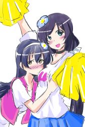 Rule 34 | 2girls, aqua eyes, black hair, blue hair, blush, brown eyes, flower, hair flower, hair ornament, hand on another&#039;s chest, head on chest, highres, hug, long hair, love live!, love live! school idol project, multiple girls, open mouth, pom pom (cheerleading), simple background, sketch, smile, sonoda umi, tojo nozomi, wakanon777, white background