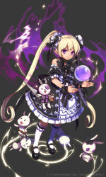 Rule 34 | 1girl, blonde hair, detached sleeves, empew, gothic lolita, gyakushuu no fantasica, hair ornament, lolita fashion, long hair, looking at viewer, official art, orb, original, pointy ears, purple eyes, simple background, solo, stuffed animal, stuffed rabbit, stuffed toy, twintails, very long hair