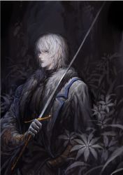Rule 34 | 1boy, a9219669, armor, bishounen, castlevania (series), earrings, forest, fur trim, jewelry, male focus, nature, realistic, solo, soma cruz, sword, weapon, white eyes, white hair