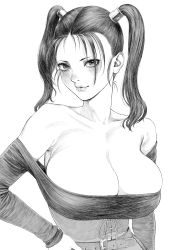Rule 34 | 1girl, absurdres, bare shoulders, belt, breasts, cleavage, closed mouth, corset, dragon quest, dragon quest viii, greyscale, highres, jessica albert, large breasts, long hair, looking at viewer, monochrome, simple background, smile, solo, turiganesou800, twintails, white background