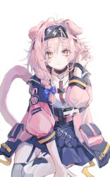 Rule 34 | 1girl, absurdres, animal ears, arknights, black hairband, black skirt, blue bow, bow, bracelet, braid, cat ears, cat girl, cat tail, closed mouth, coat, collarbone, feet out of frame, garter straps, goldenglow (arknights), hair bow, hairband, hand in own hair, high-waist skirt, highres, id card, infection monitor (arknights), jewelry, lightning bolt print, long hair, looking at viewer, open clothes, open coat, pink coat, pink hair, shieryue164, shirt, side braid, simple background, sitting, skirt, smile, solo, tail, thighhighs, white background, white shirt, white thighhighs, yellow eyes, zettai ryouiki