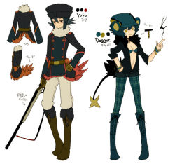 Rule 34 | 1girl, androgynous, animal ears, black hair, blue hair, boots, collar, concept art, fur hat, gun, hat, honchkrow, jewelry, l hakase, luxray, open clothes, open shirt, pantyhose, personification, pokemon, red eyes, shirt, tail, uniform, weapon, yellow eyes