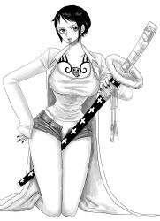 Rule 34 | 1girl, between thighs, breast tattoo, breasts, coat, denim, denim shorts, earrings, finger tattoo, genderswap, genderswap (mtf), highres, holding, holding sword, holding weapon, jewelry, kneeling, large breasts, looking to the side, monochrome, nail polish, namnam op, one piece, open fly, open mouth, see-through, sheath, short hair, shorts, solo, sword, tank top, tattoo, teeth, thighs, trafalgar law, weapon
