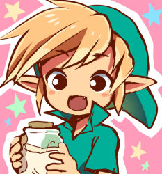 Rule 34 | 1boy, :d, bad id, bad pixiv id, blonde hair, bottle, child, fang, gumimogu, hat, link, male focus, milk, nintendo, open mouth, pointy ears, short hair, smile, solo, the legend of zelda, the legend of zelda: ocarina of time, young link
