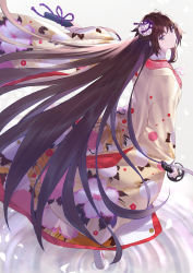 Rule 34 | 1girl, absurdres, black hair, chrysanthemum print, clogs, fate/grand order, fate (series), floral print, flower, hair flower, hair ornament, highres, holding, holding sword, holding weapon, japanese clothes, kara no kyoukai, katana, kimono, long hair, looking at viewer, looking back, petals, purple eyes, reflection, ripples, ryougi shiki, ryougi shiki (third ascension), simple background, solo, standing, standing on liquid, sword, takubon, very long hair, weapon, white background