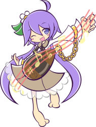 Rule 34 | 1girl, biwa lute, blush stickers, flower, hair flower, hair ornament, highres, instrument, light purple hair, long hair, low twintails, lute (instrument), music, one eye closed, parody, pcs shousa, playing instrument, purple eyes, puyopuyo, puyopuyo fever, solo, style parody, touhou, tsukumo benben, twintails, wink