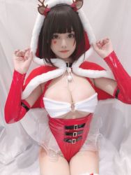 Rule 34 | 1girl, animal ears, asian, bare shoulders, black eyes, black hair, breasts, chinese (nationality), christmas, cleavage, cleavage cutout, clothing cutout, elbow gloves, gloves, heart, highres, indoors, large breasts, leggings, mizhimaoqiu, photo (medium), ribbon, santa costume, short hair, solo, tagme, thighs