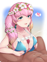Rule 34 | blade ride, blush, breasts squeezed together, breasts, cum, ear piercing, fire emblem, gunnthra (fire emblem), hair ornament, heart, hetero, highres, large breasts, nintendo, paizuri, paizuri under clothes, penis, piercing, projectile cum, solo focus, swimsuit, twitter username