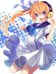 Rule 34 | 1girl, :d, blue eyes, bow, breasts, buttons, clenched hand, dress, floating hair, from side, hair between eyes, hair bow, hair ribbon, happy, headphones, jumping, long hair, looking at viewer, neckerchief, open mouth, orange hair, original, outline, outstretched arm, p-ko, p-light, parted bangs, puffy short sleeves, puffy sleeves, ribbon, sailor dress, school uniform, serafuku, short dress, short sleeves, side ponytail, small breasts, smile, smiley face, solo, yusano