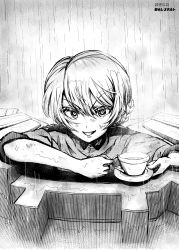 Rule 34 | 1girl, absurdres, artist name, braid, commentary, cup, darjeeling (girls und panzer), dated, evil grin, evil smile, girls und panzer, greyscale, grin, highres, holding, holding cup, holding saucer, looking at viewer, monochrome, one-hour drawing challenge, outdoors, rain, saucer, short hair, sleeves rolled up, smile, solo, tank cupola, teacup, tonan leopard, v-shaped eyebrows, wet, wet hair