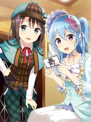 Rule 34 | 10s, 2girls, :d, bang dream!, blue eyes, blue hair, bow, brown hair, dress, flower, frills, hair bow, hair flower, hair ornament, hairclip, hand on own hip, hat, highres, indoors, looking at viewer, matsubara kanon, multiple girls, okusawa misaki, open mouth, pants, plaid, plaid pants, plaid vest, purple eyes, sitting, smile, standing, sweatdrop, twintails, vest, white dress, yuusa