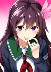 Rule 34 | 1girl, artist name, brown hair, commentary request, gradient background, green sailor collar, hair between eyes, hair ornament, highres, kamelie, kantai collection, kisaragi (kancolle), kisaragi kai ni (kancolle), licking, licking finger, long hair, looking at viewer, neckerchief, one-hour drawing challenge, pink background, pinky out, purple eyes, red neckerchief, sailor collar, school uniform, serafuku, solo, upper body, white background