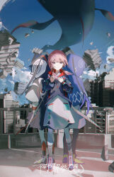 Rule 34 | 3girls, absurdres, blue eyes, blue jacket, blue sky, blunt bangs, building, capelet, closed mouth, destruction, dress, fish, floating, floating object, flying fish, full body, hand on own chest, highres, hood, hood down, hood up, hooded capelet, hooded jacket, jacket, kaf (kamitsubaki studio), kamitsubaki studio, karasuro, laplace (kamitsubaki studio), long hair, looking at viewer, mixed-language commentary, multicolored clothes, multicolored eyes, multicolored legwear, multiple girls, multiple persona, outdoors, outstretched arm, pink hair, reaching, reaching towards viewer, sky, smile, straight-on, twintails, virtual youtuber, white dress, yellow pupils