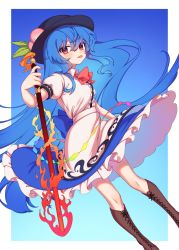 Rule 34 | 1girl, black hat, blue background, blue hair, blue skirt, bow, bowtie, brown footwear, center frills, closed mouth, commentary request, e sdss, food, frills, fruit, full body, gradient background, hair between eyes, hat, highres, hinanawi tenshi, holding, holding sword, holding weapon, knees, leaf, long hair, looking at viewer, outside border, peach, puffy short sleeves, puffy sleeves, red bow, red bowtie, red eyes, shirt, short sleeves, sidelocks, skirt, solo, sword, sword of hisou, tongue, tongue out, touhou, weapon, white shirt