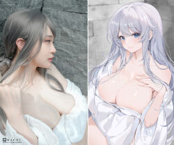 Rule 34 | 1girl, animification, art vs artist, artist self-insert, bare shoulders, blue eyes, blush, breasts, cleavage, closed mouth, collarbone, commentary, english commentary, grey hair, hair between eyes, hair ornament, highres, huge breasts, large breasts, long hair, looking at viewer, machi (7769), making-of available, mole, mole on breast, off shoulder, original, patreon username, photo (medium), real life, self-portrait, shirt, smile, sweat, white shirt, wide sleeves